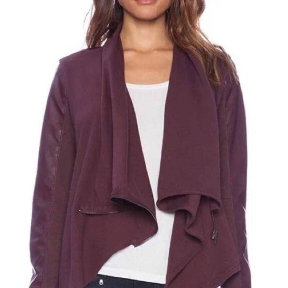 Blank NYC Burgundy Faux Leather Knit Zip Front Jacket